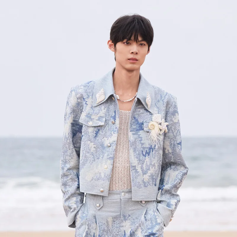 WVGA Spring Autumn New Men Heavy Industry Sequin Embroidery Vintage Fashionable Short Denim Jacket Niche Chic Casual Coat W25856