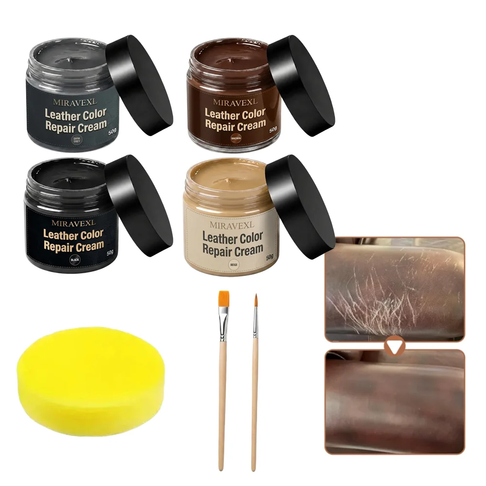 MIRAVEXL Leather Color Repair Cream for Furniture, Car Seats, Couches & Handbags – Scratch, Crack & Fade Restorer Kit (50g)
