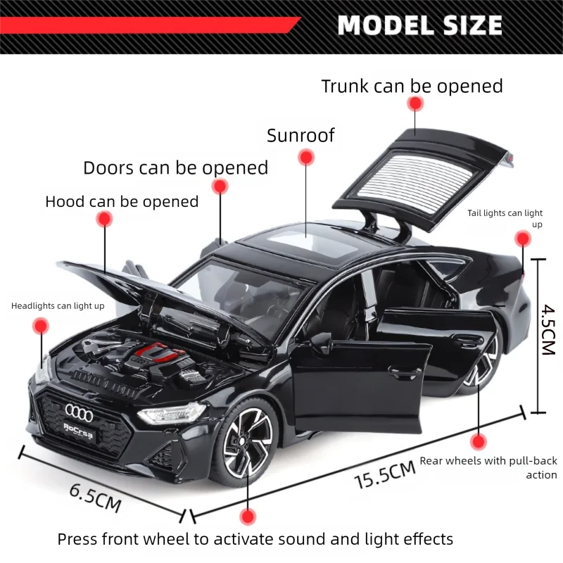 1:32 Audi RS7 Sportback modelo coches de juguete aleación Diecast 6 puertas abiertas con neumáticos de goma extraíble ornamento vehículo juguetes regalos