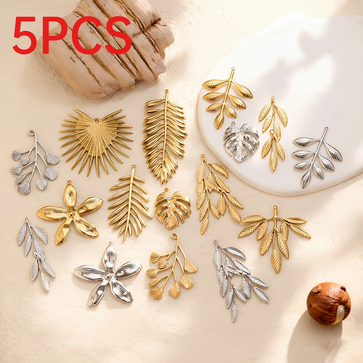 5Pcs Light Luxury Metal Leaf Charms Hollow Branch Pendants Niche Design DIY Bracelet Necklace Jewelry Making Findings