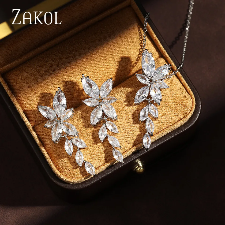 ZAKOL Fashion Cubic Zirconia Leaf Earrings Naszyjnik Zestaw dla kobiet Elegancki srebrny kolor Biżuteria ślubna Sukienka SP3064
