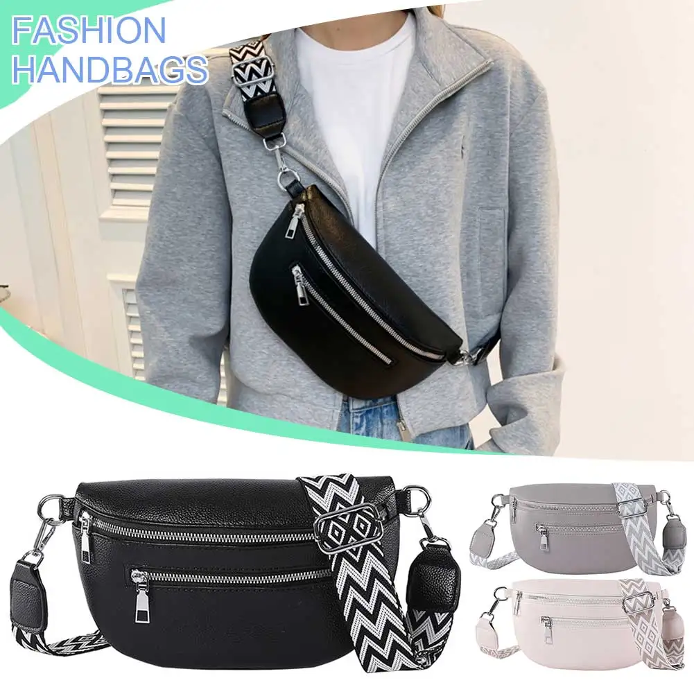 Women Stylish Crossbody Bag with Wide Strap Retro Fanny Pack Multi-pocket Simple Shoulder Bag Female Daily Bag