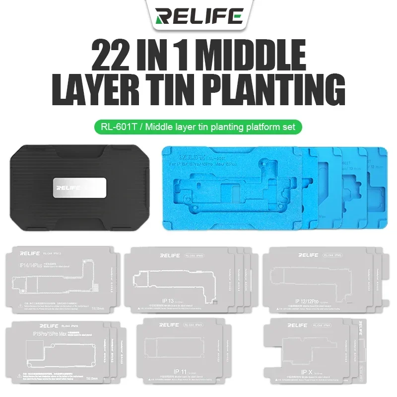 

RELIFE RL-601T 22in1 Middle Layer Tin Planting Platform Set for IP X-15 Pro Max Motherboard Repair BGA Reballing Stencil Kit