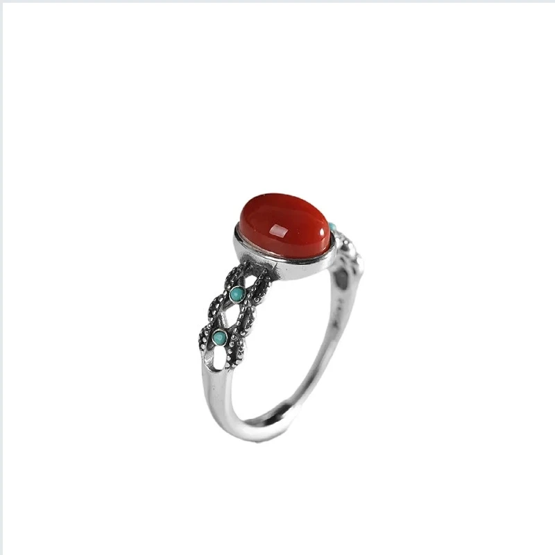 S925 sterling silver red agate ring, featuring a literary and retro ethnic style, aged and ancient-looking, suitable for the ind