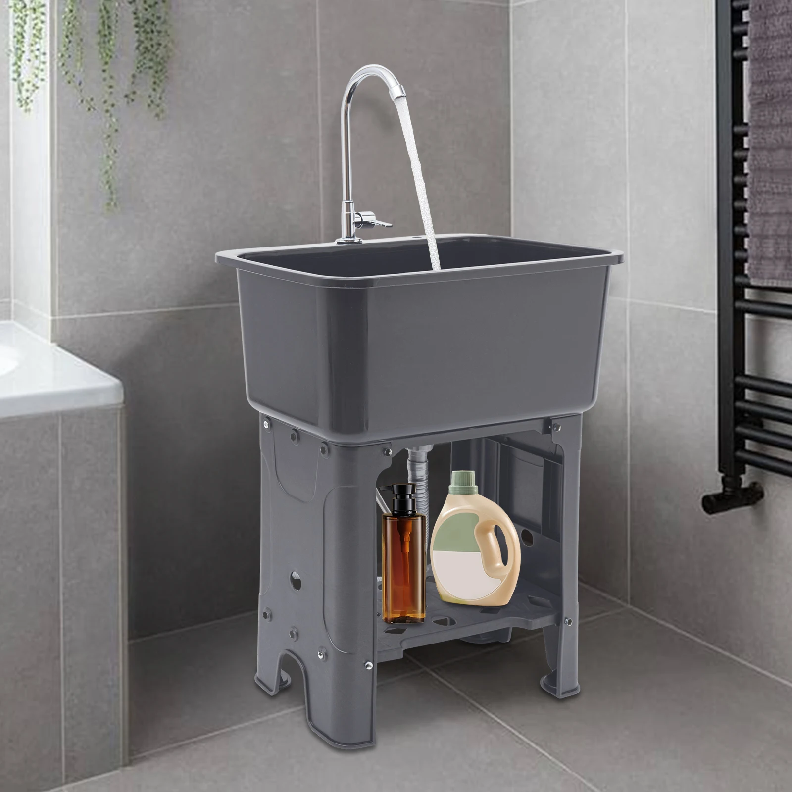 

Grey Freestanding Utility Sink with Storage Shelf, Washboard, Inlet Pipe and Drain Pipe for Restaurants, Laundries, Stores