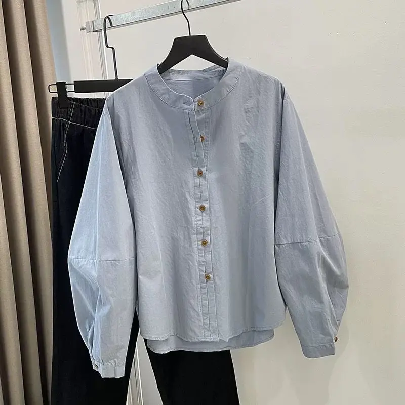 Hong Kong Style Double-Breasted Short-Sleeved Button-Down Long-Sleeved Shirt for Autumn, Loose Fit Shirt