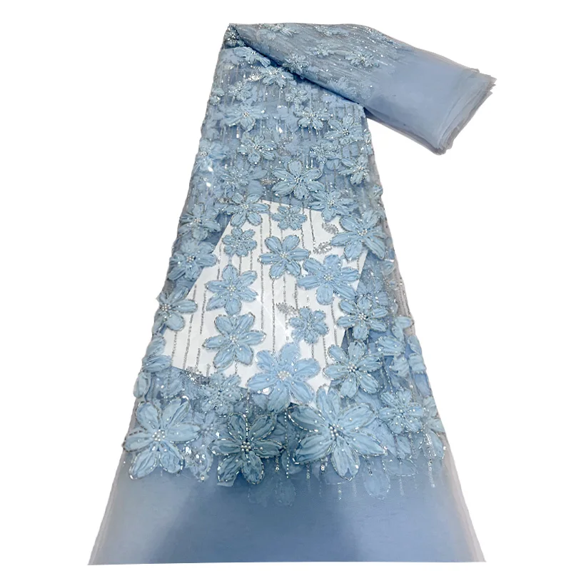 Tela de encaje de malla bordada 3D hecha a mano africana, tela de encaje con cuentas de lentejuelas francesas 2025, vestido nigeriano, vestido de boda para mujer