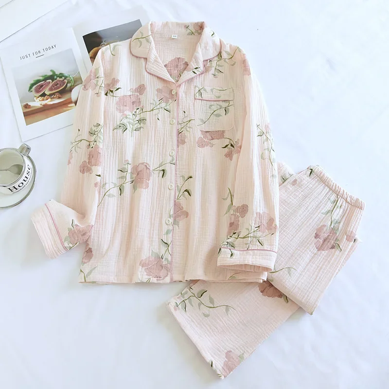 2024 New Spring and Autumn Women\'s Pajama Set 100% Cotton Crepe Long Sleeve Long Pants Two Piece Home Clothing Set Sleepwear