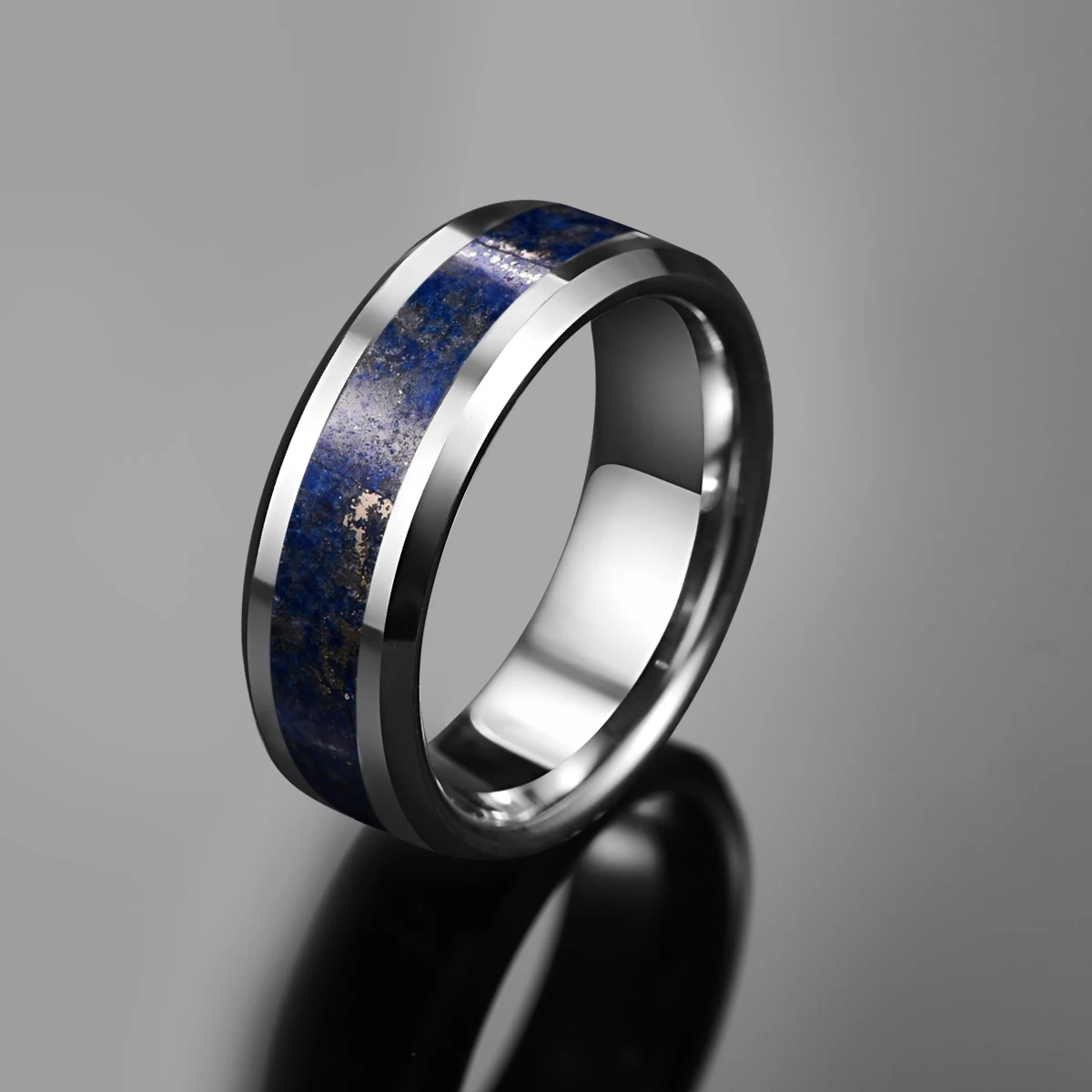 NUNCAD 8mm Wide Tungsten Carbide Ring Wedding Engagement Steel Color Inlaid Lapis Lazuli Tungsten Steel Men's Ring T230R