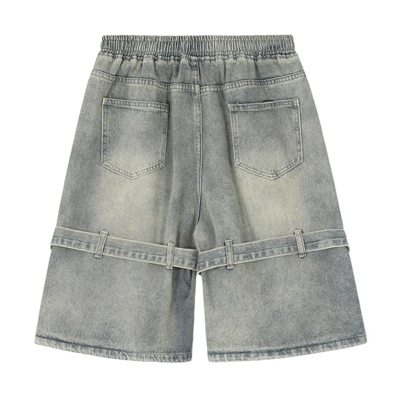 Hi Street Vintage Ribbons Patchwork Denim Shorts 2023 Summer Harakuju Jeans Shorts For Male Elastic Waist