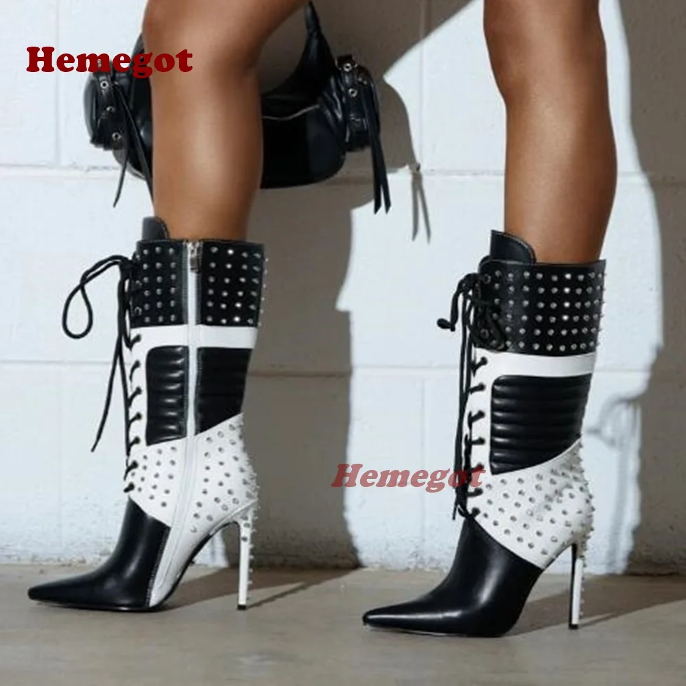 Two Tone Rivet Stiletto Boots Black White Pointy Toe Lace Up Women's Long Boots 2025 New Thin High Heels Side Zipper Gladiator