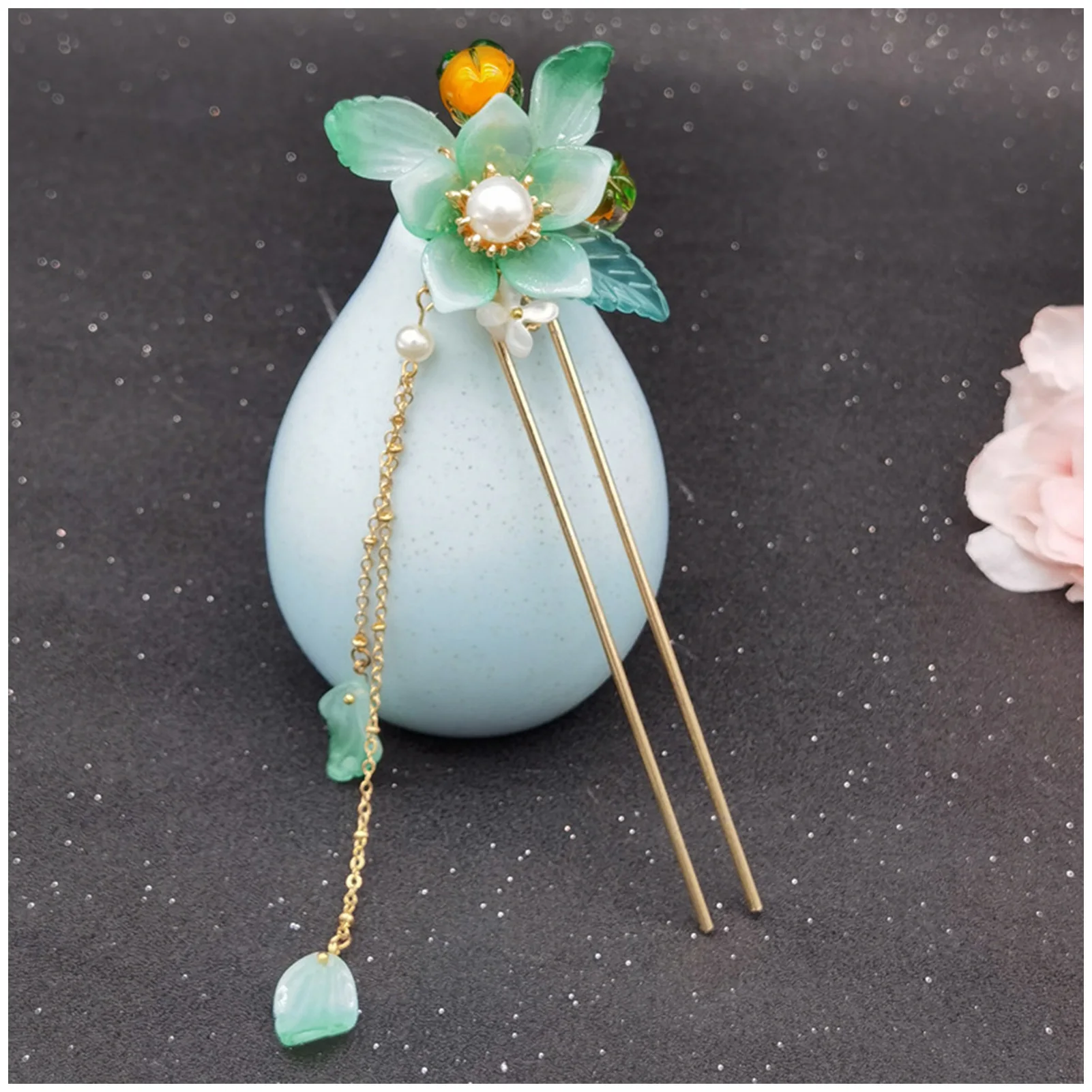 Vintage U-shape Hair Stick Sweet Green Flower Edge Clips Jewelry for Cheongsam Han Clothes Dress