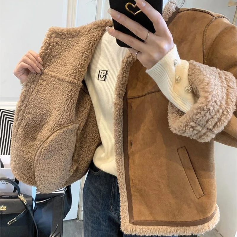 Winter Warm Faux Lamb Jacket Women Y2K Fashion Splicing Thick Long Sleeve Coats Female Korean Loose Streetwear Plush Outerwear