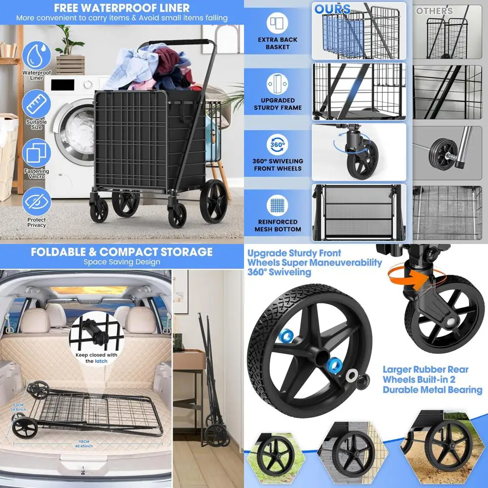 

Сверхмощная складная корзина для покупок с двойной корзиной емкостью 450 фунтов — идеально подходит для продуктов и стирки