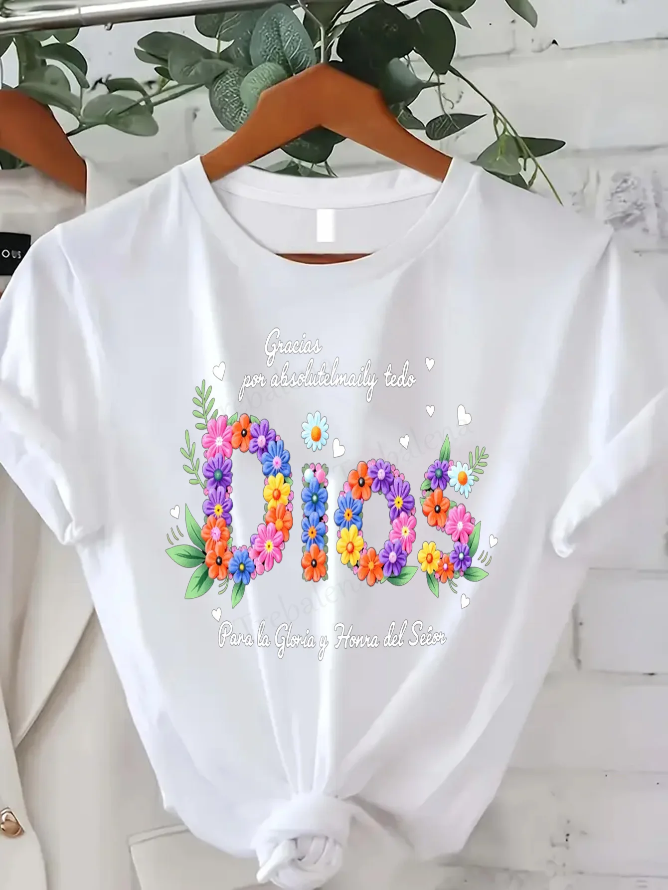 

Women T-shirt Floral "Dios" T-Shirt for Women - Thank You God, Religious & Cute Design
