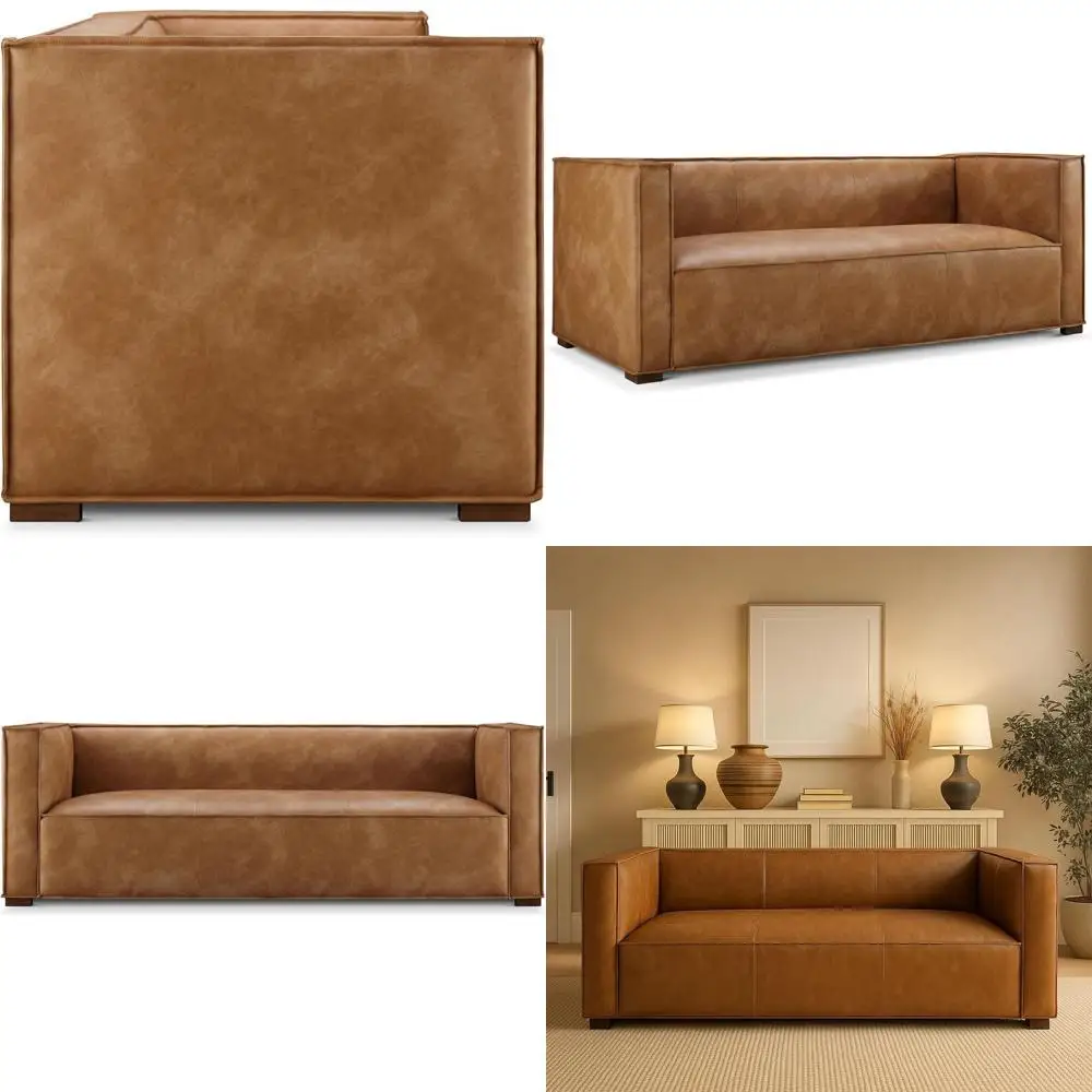 

Luxurious French-Style Leather Sofa with Square Armrests for Living Room, Bedroom, or Office in Copper Tone