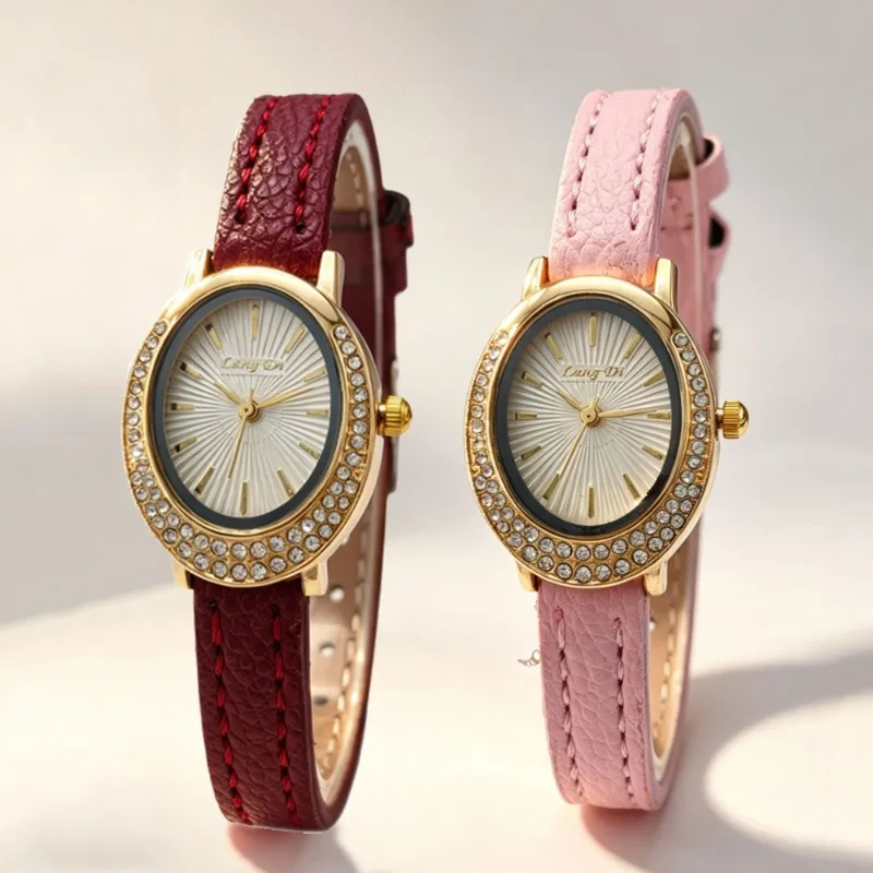Classic Retro Ladies' Watch Small Oval Diamond-Encrusted Dial Women's Watch Student Trendy Wristwatch Leather Strap Watches Gift