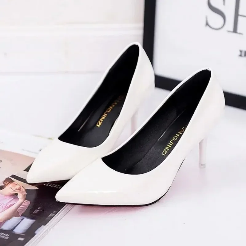 Large Size Women\'s Pumps Pointed Toe Patent Leather High Heels Dress Shoes White Wedding Shoes Thin Heels Basic Pump Red