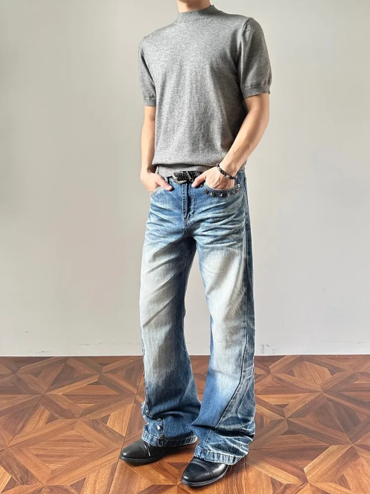 Parisian Rivet Design Washed Blue Jeans Men's Straight Leg Micro Flared American Street Vibe Retro Trousers