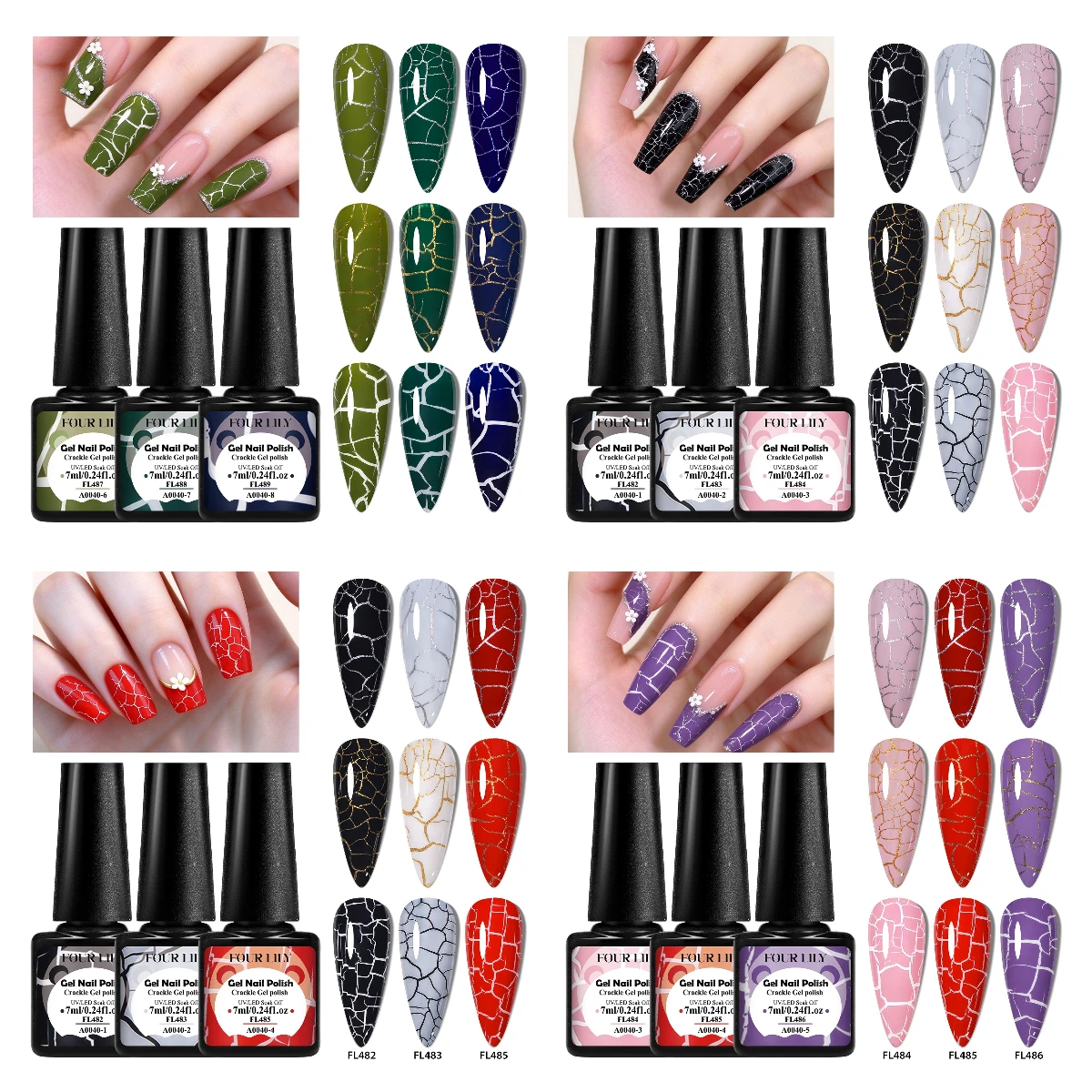 4pcs Crackle Gel Polish Set Multi-Color Optional Creative Nail Art Soak Off UV LED Gel Varnish Manicure DIY Salon Kit