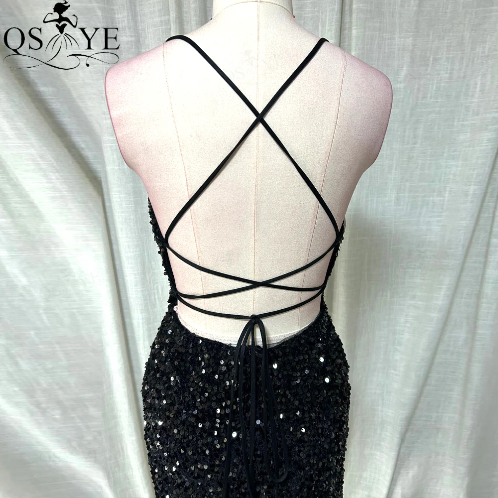 Black Sequin Sheath Short Prom Dresses Spaghetti Straps Open Low Back Evening Gown Knee Length Back Straps Sexy Girl Party Gown