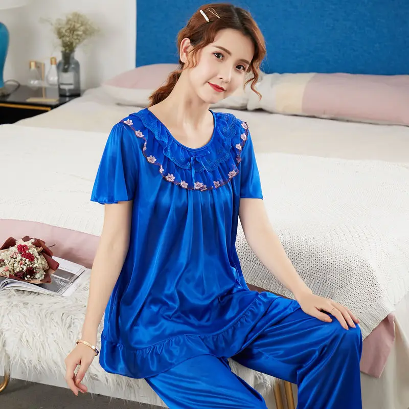 Luxuriöses Satin-Pyjama-Set, einfarbig, kurzärmeliges Oberteil und elastische Unterseite, bequeme, entspannte Passform, Damen-Loungewear und Nachtwäsche – Detail 5