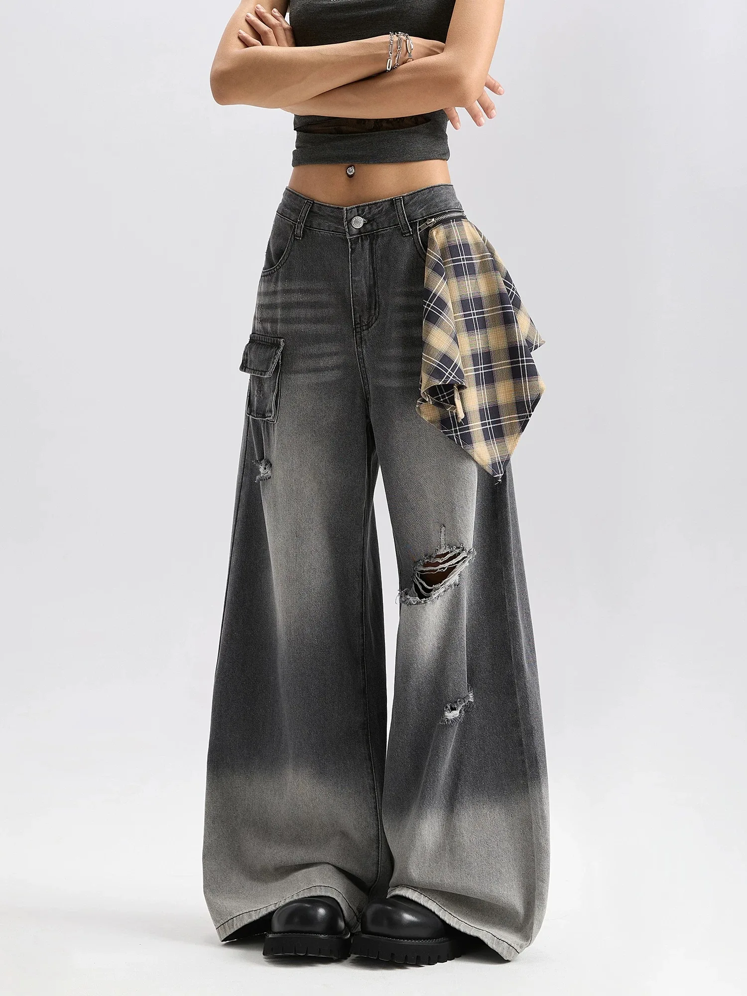 Y2K – jean à jambes larges pour femmes, pantalon rétro américain avec rideau de pet, noir et gris, ample, jambe droite, longueur au sol, nouvelle collection automne