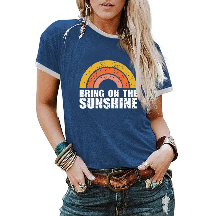 Summer Fashion Round Neck Contrast T-shirt BRING ON THE SUNSHINE Printed Casual Short sleeved Top