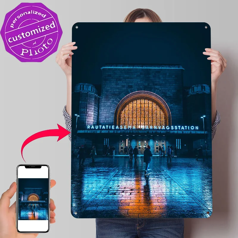Neon Station in Helsinki Personalized 3D Textured Metal Poster Wall Art Vintage Tin Signs for Home Decor Living Room Wand Deko