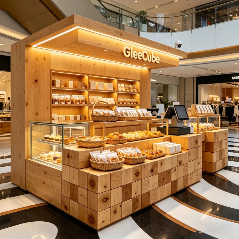 

custom.Premium Natural Wood Bakery Kiosk | Custom Interior & Spatial Design | High-End Mall Lighting Solutions
