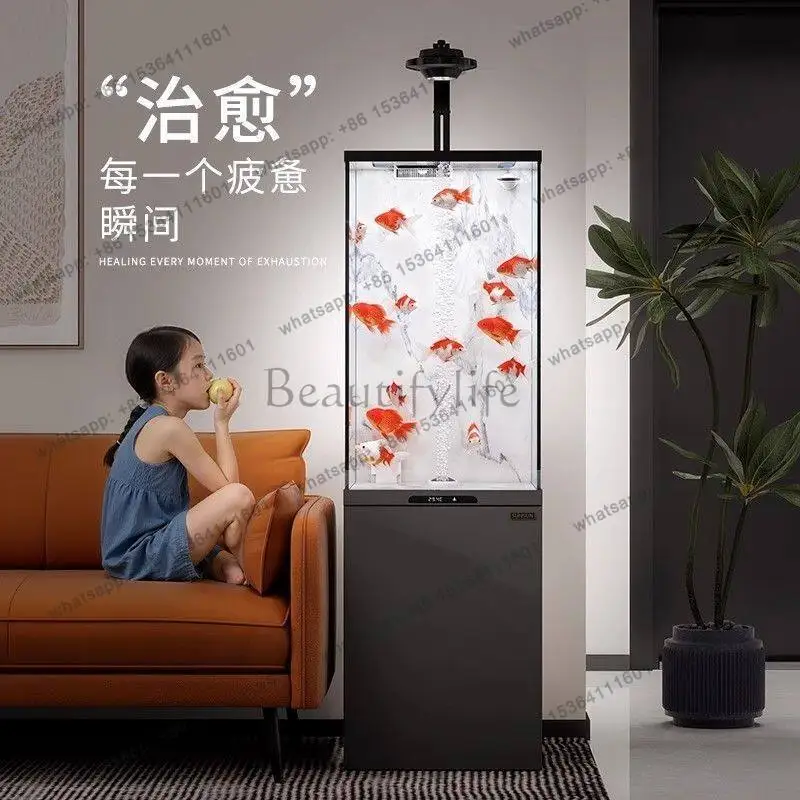9New light luxury ultra-white glass gold fish tank water-free intelligent small ecological high-water landscape tank