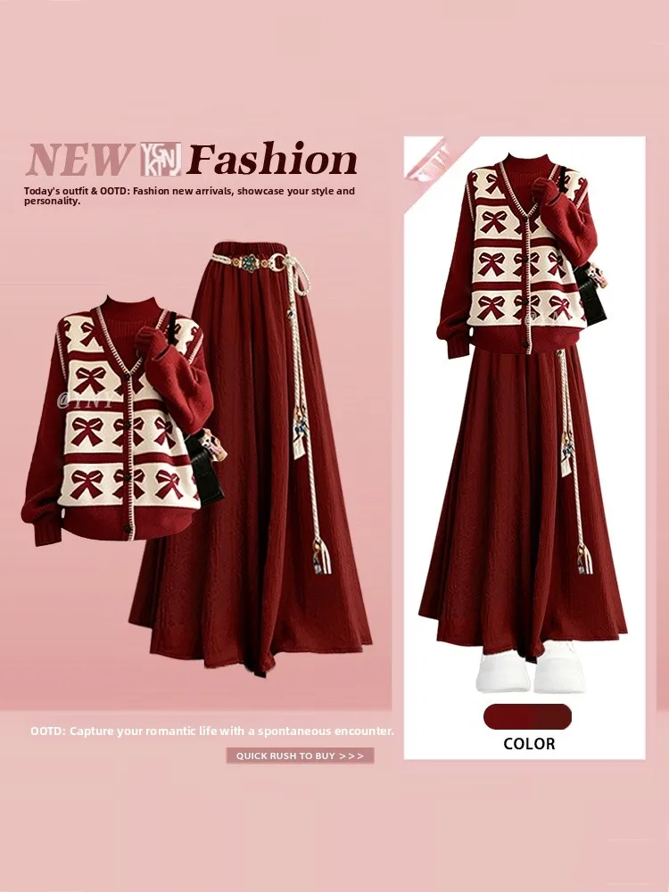 

Red Knot Sweater Set Women's Autumn Winter Casual Beautiful Fake Two-Piece Knitwear Ensemble New Year's Faion