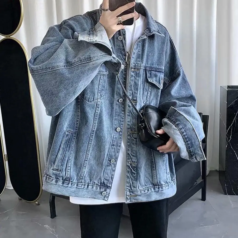 Men Denim Jacket Retro Hop Style Denim Jacket with Multi Pockets Plus Size Fit for Men Multi Pockets Casual Streetwear Men Coat