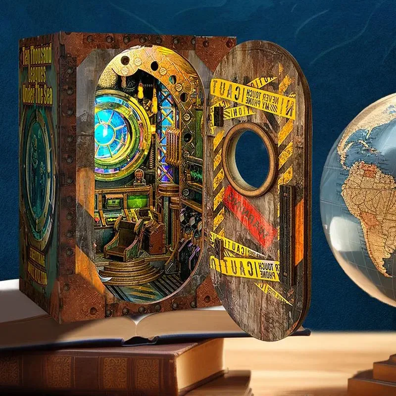 

Ten Thousand Leagues Under the Sea Bookshelf with Light DIY Wooden Book Nook Shelf Insert Miniature Model Kits for Friends Gifts