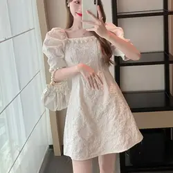 Women's Clothing Summer Pullover Square Collar Printing Chain Diamonds Beaded Half Sleeve Chic Mini Skirts Stylish Dresses