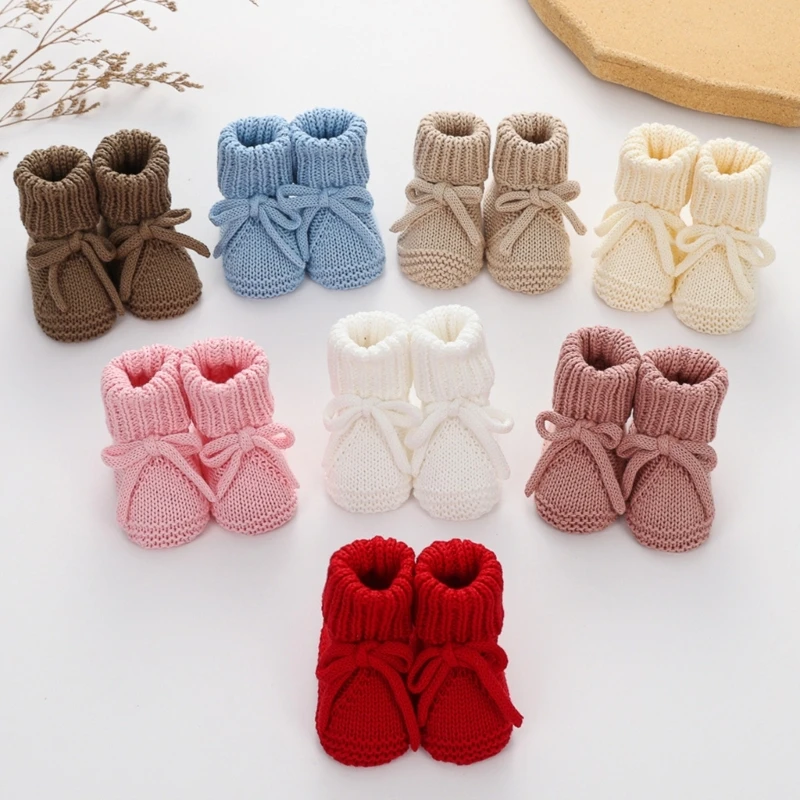 

M76C Infant First Step Cotton Knitted Booties Slip Proof Bottom Breathable Knit Fabric Decorative Bowknot Accent Shoes