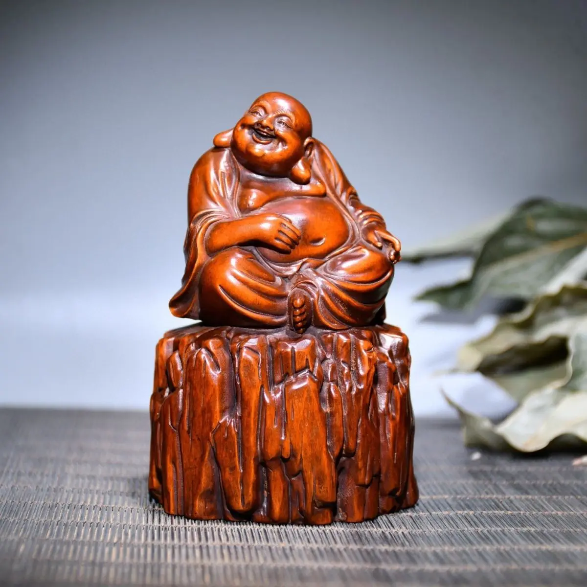 Hand Carved Wood Maitreya buddha with legs crossed Statue Figurine Desktop Ornaments Home Decoration