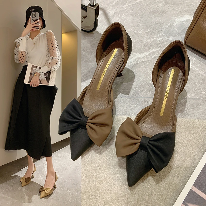 

Spring/Autumn Fashion Elegant Catwalk Model High Heels Pointed Toe Stiletto Heel Bow Temperament Women's Single Shoes Sandals