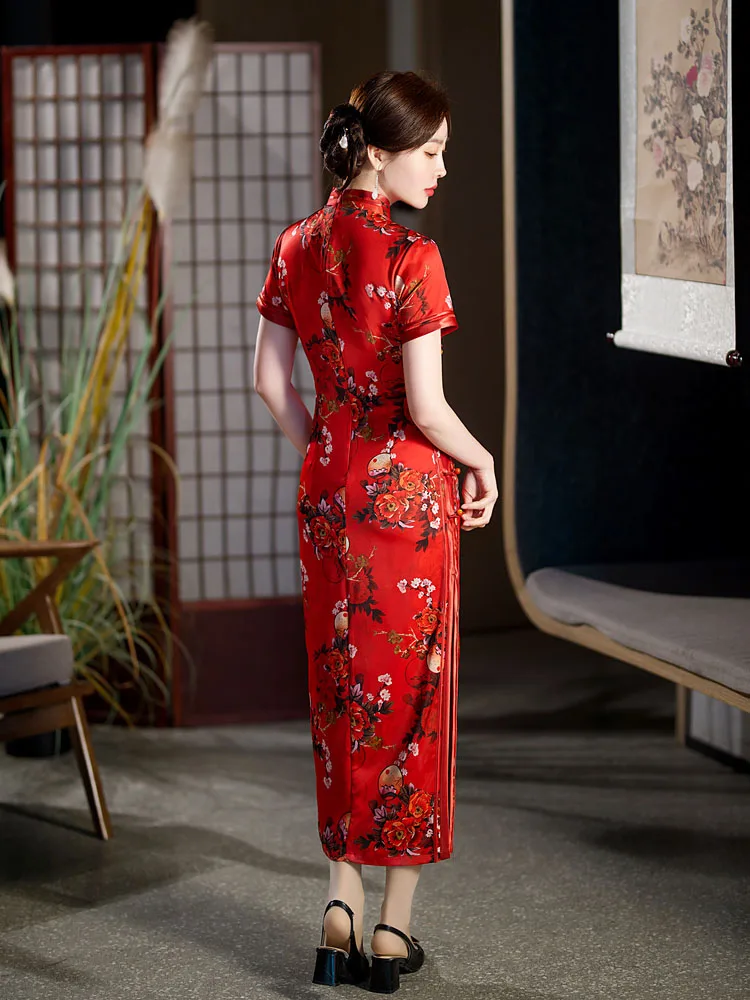 Yourqipao Summer 2023 Long Slim Silk Cheongsam Catwalk Red Fashion Elegant Print Qipao Chinese Style Evening Dress for Women