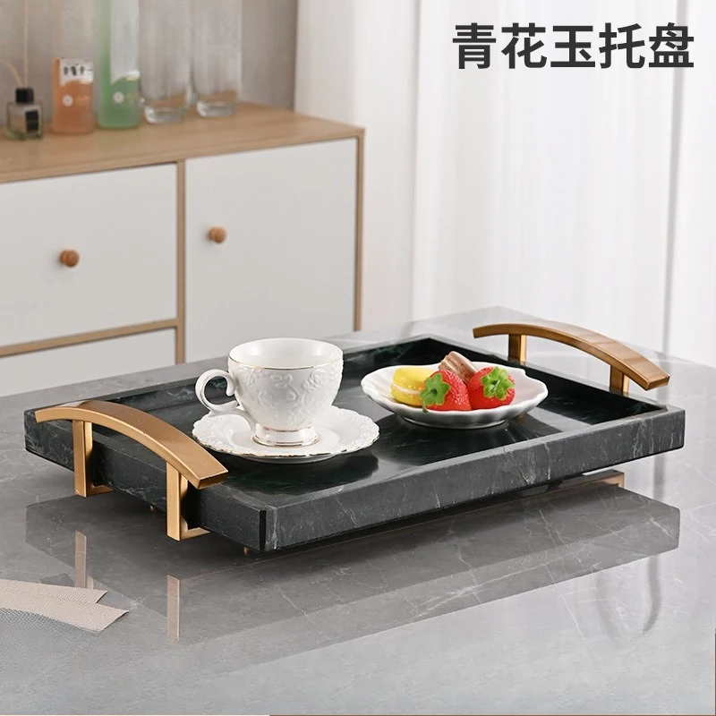 صينية اليشم الأزرق والأبيض الفاخرة الخفيفة والمجوهرات ومستحضرات التجميل وتخزين الحمام وطاولة القهوة وطاولة الطعام وصينية تخزين بمقبض الأجهزة