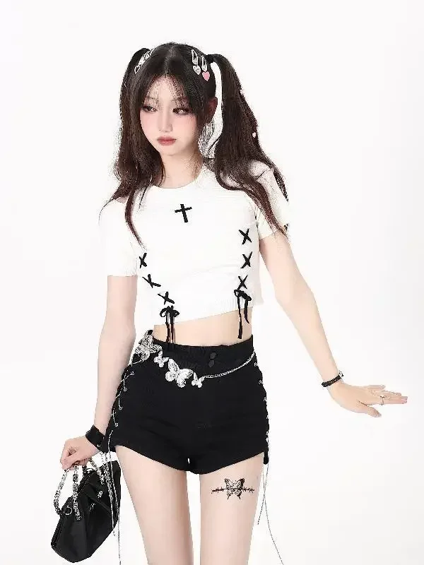 2025 Korean Sweet Spicy Girl Lace up Cross Crop Top for Women Slim Fit Short Sleeve T-shirt Women Summer New Fashion Clothing