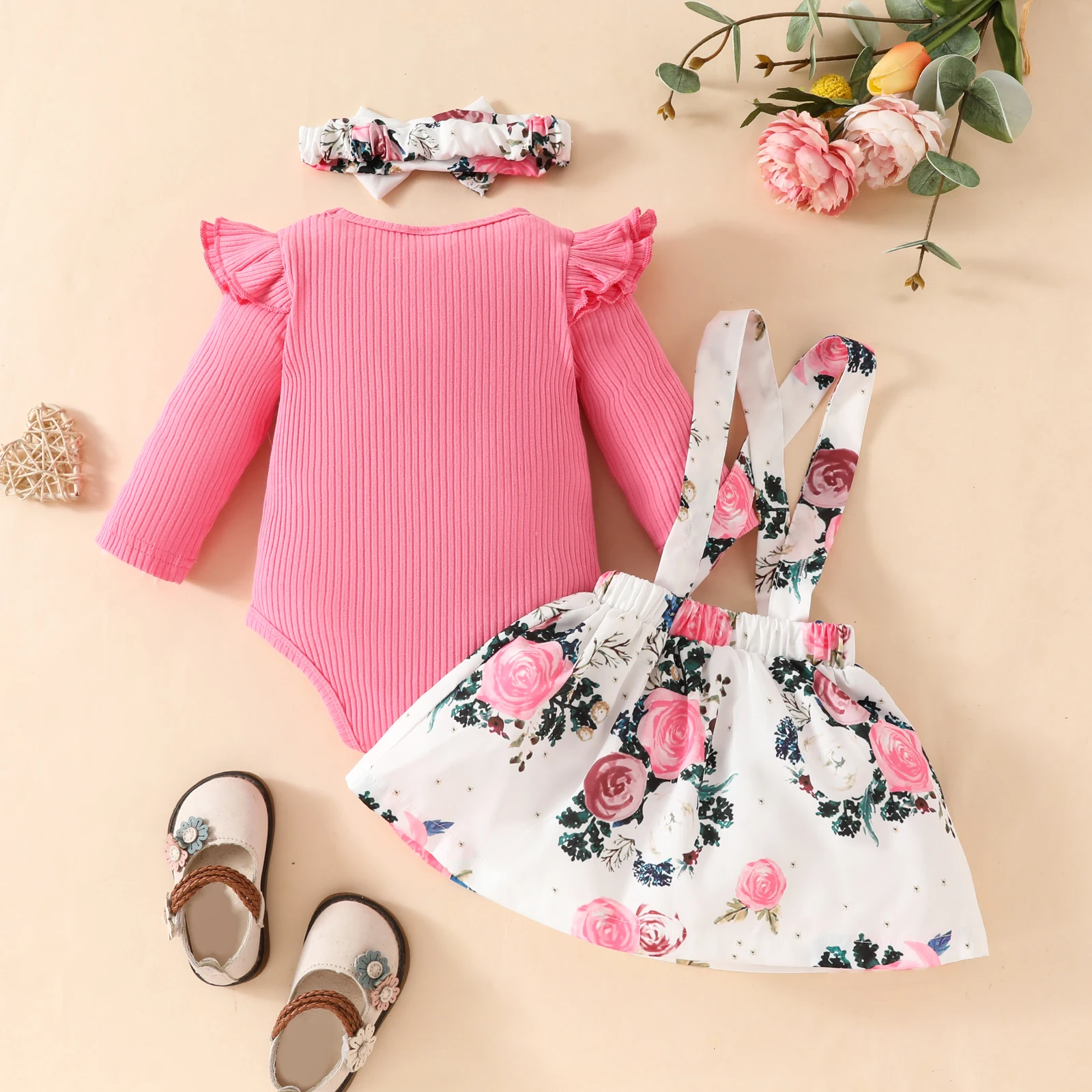 3Pcs baby girl sweet long sleeve top flower back skirt set Long sleeve triangle onesie + dress + headband Spring and Autumn set