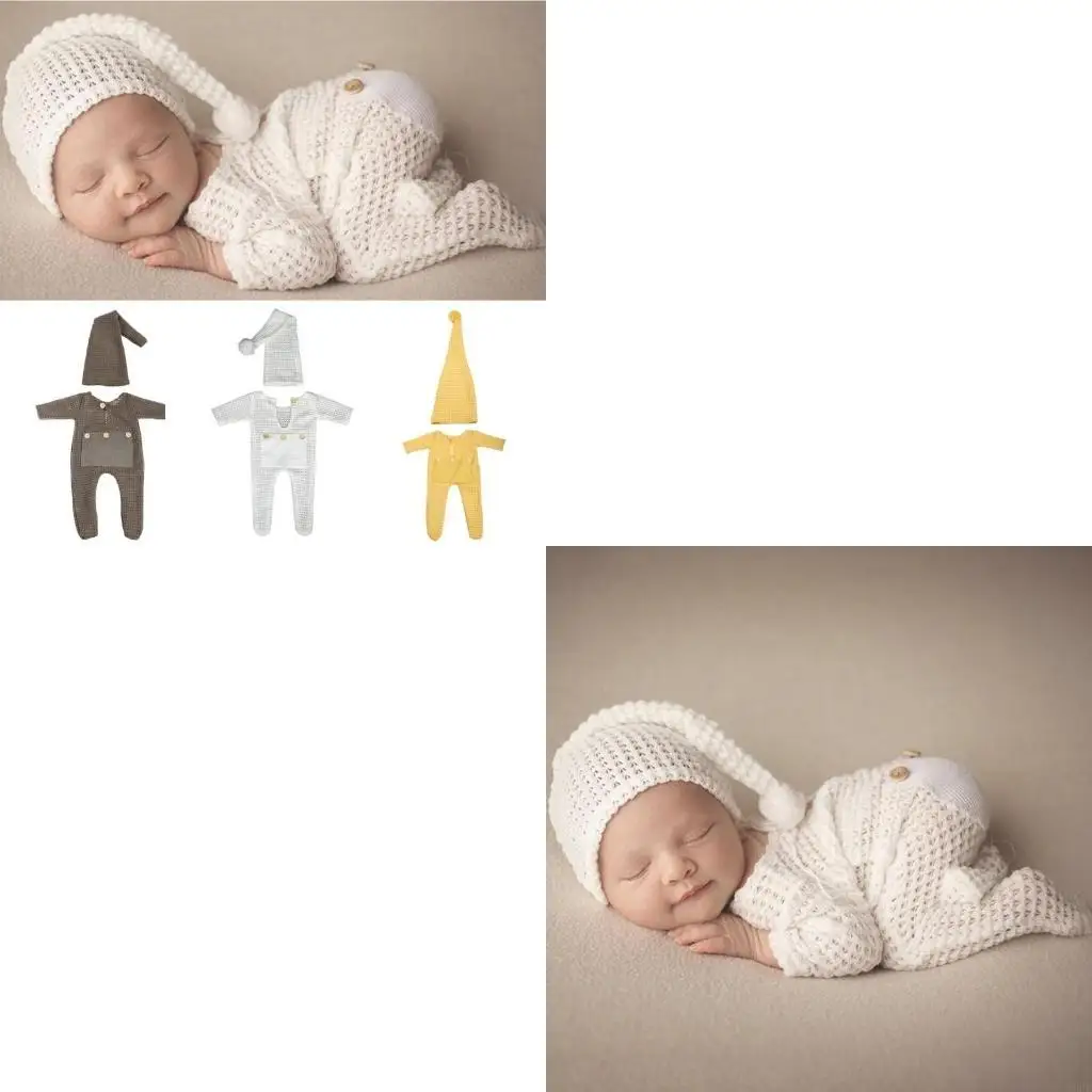 

2 Pcs Newborn Photography Props Crochet Outfit Baby Romper Hat Set Infants Photo Cap Jumpsuit Bodysuit Clothing