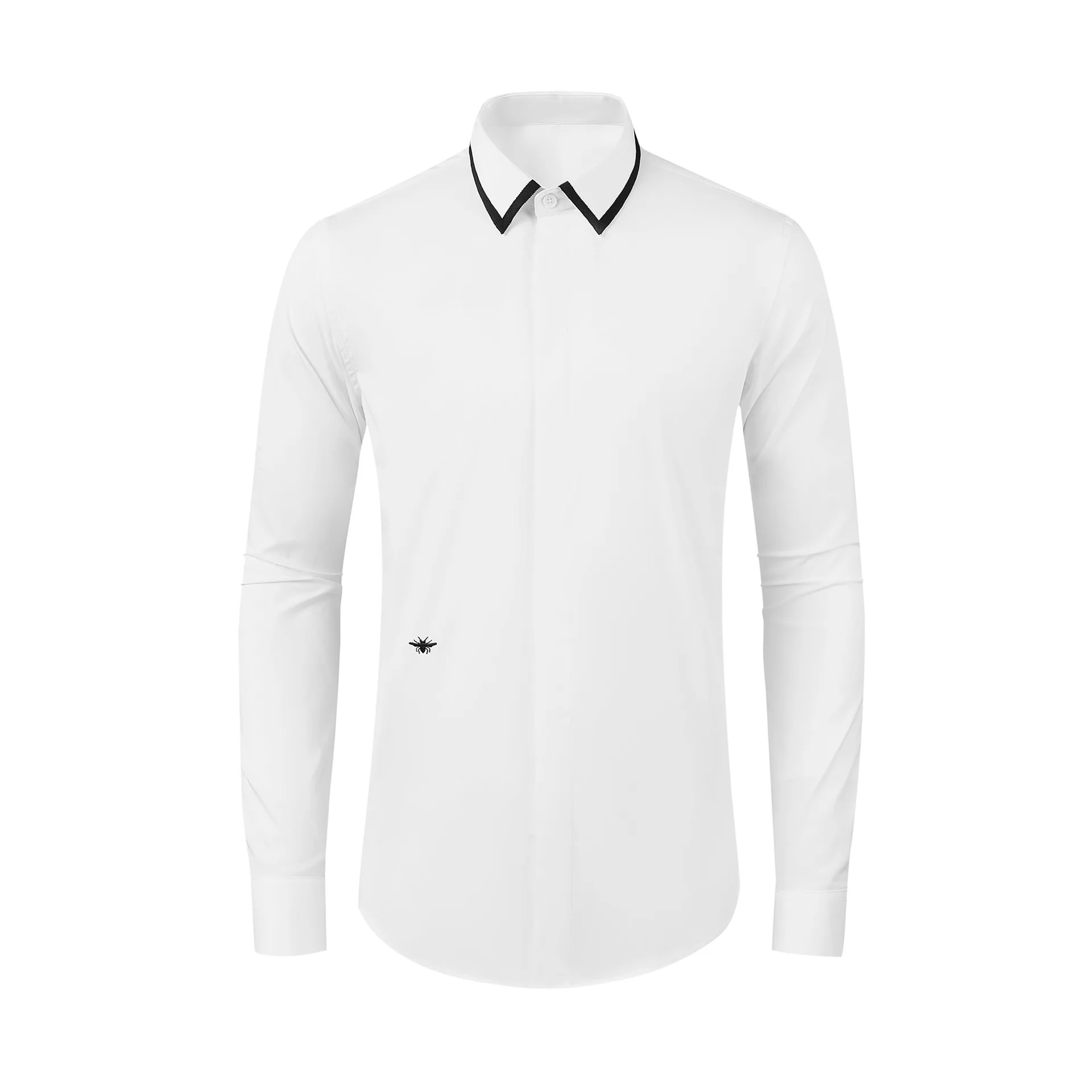 New men's shirt with long sleeved collar, woven ribbon, contrasting color, cotton elastic high-end top