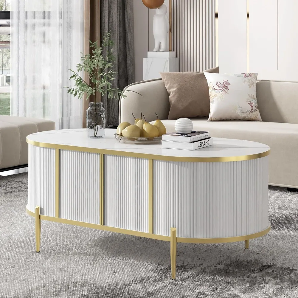 White Pedestal Oval Coffee Table Marble-Patterned Top, Modern Drum Flutted Center Table with 2 Cabinets, Metal Legs and Handles