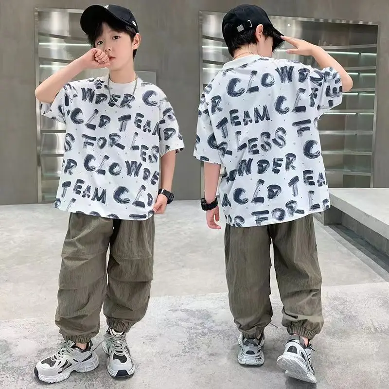 الصيف قصيرة الأكمام ملابس الأطفال أعلى وأسفل الملابس مجموعة قمصان الصبي الزي الأزياء 8 14 سنة دعوى السراويل الملابس قمم