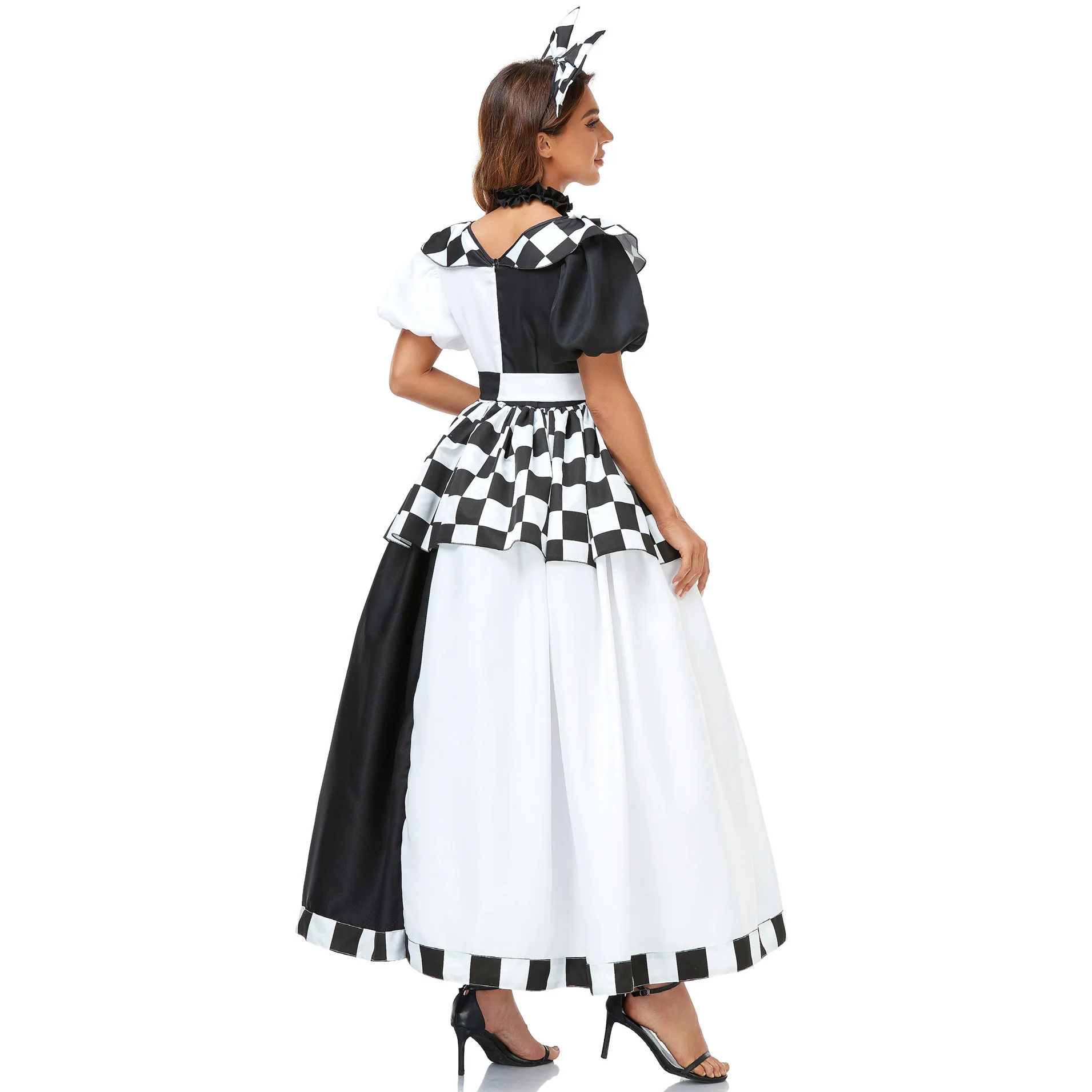 Alice In Wonderland Cosplay Women Chessboard Grid Printi Wide Neck Fluffy Sleeve Dress Queen Of Hearts Halloween Lolita Costume