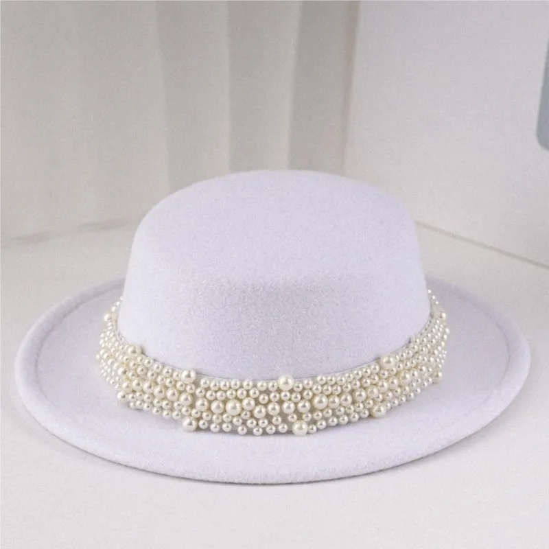 Women's flat-topped woolen top hat elegant wide-brimmed high-topped banquet flat-brimmed