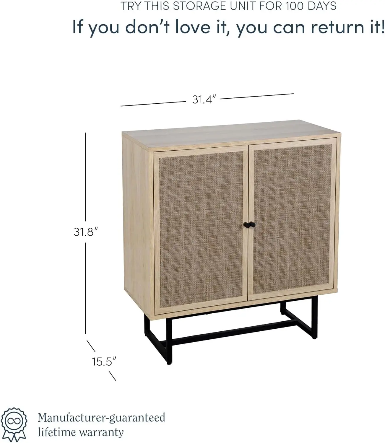 Sideboard Storage Cabinet in Light Wood and Rattan with Metal Frame, Adjustable Shelves and Cane Doors,