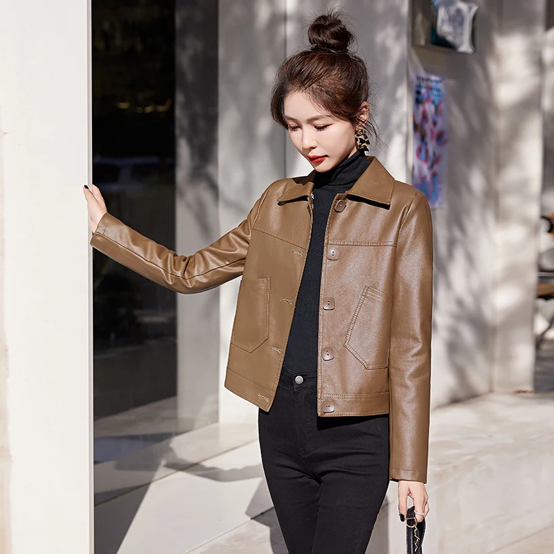   Ning جلد طبيعي Jaet المرأة ort Sle 2025 جديد ربيع الخريف Faion سليم صالح دراجة نارية eep معطف جلد